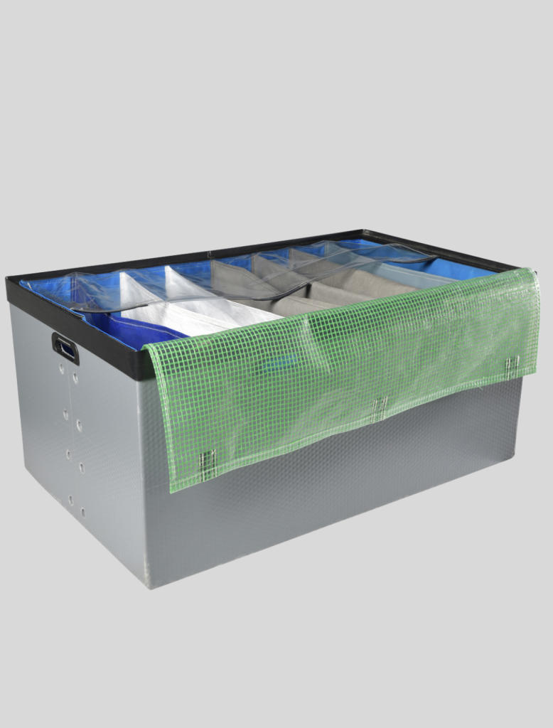 stohovací přepravky s textilní fixací